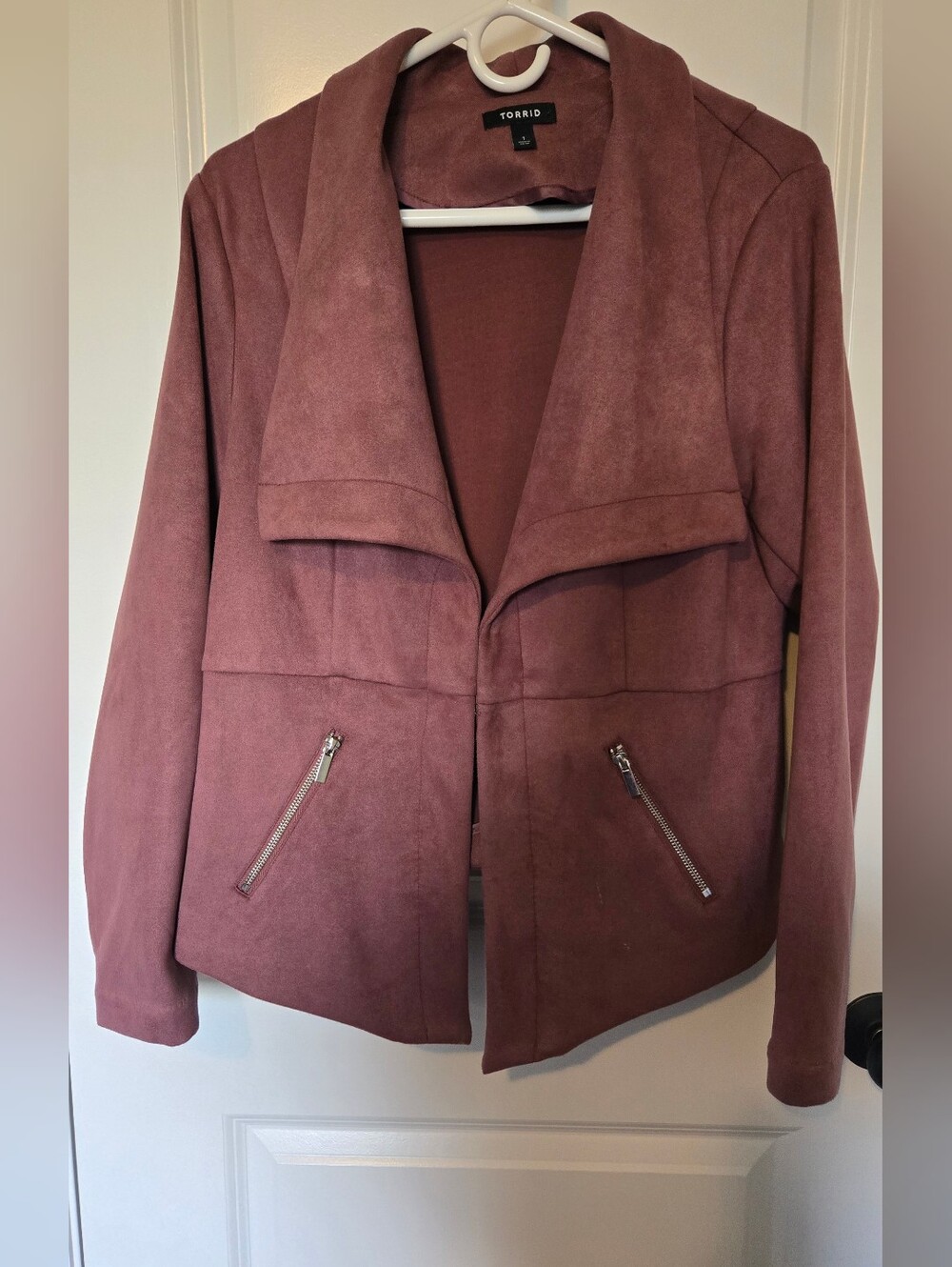 torrid Dusty Mauve Faux Suede Open Front Jacket With Hook And Eye Closure Size 1
